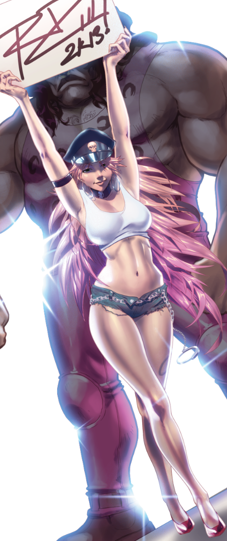 1boy, 1girl, armlet, armpits, arms_up, bad_id, bad_tumblr_id, bare_legs, big_hair, black_hair, breasts, capcom, chain, choker, crossed_legs, cuffs, denim, denim_shorts, dutch_angle, final_fight, handcuffs, hat, height_difference, high_heels, holding, holding_sign, hugo_andore, jewelry, large_breasts, lips, long_hair, long_legs, muscular, navel, peaked_cap, pink_hair, poison_(final_fight), robaato, round_girl, shoes, shorts, sign, signature, size_difference, smile, street_fighter, street_fighter_iii_(series), tank_top, very_long_hair, watson_cross