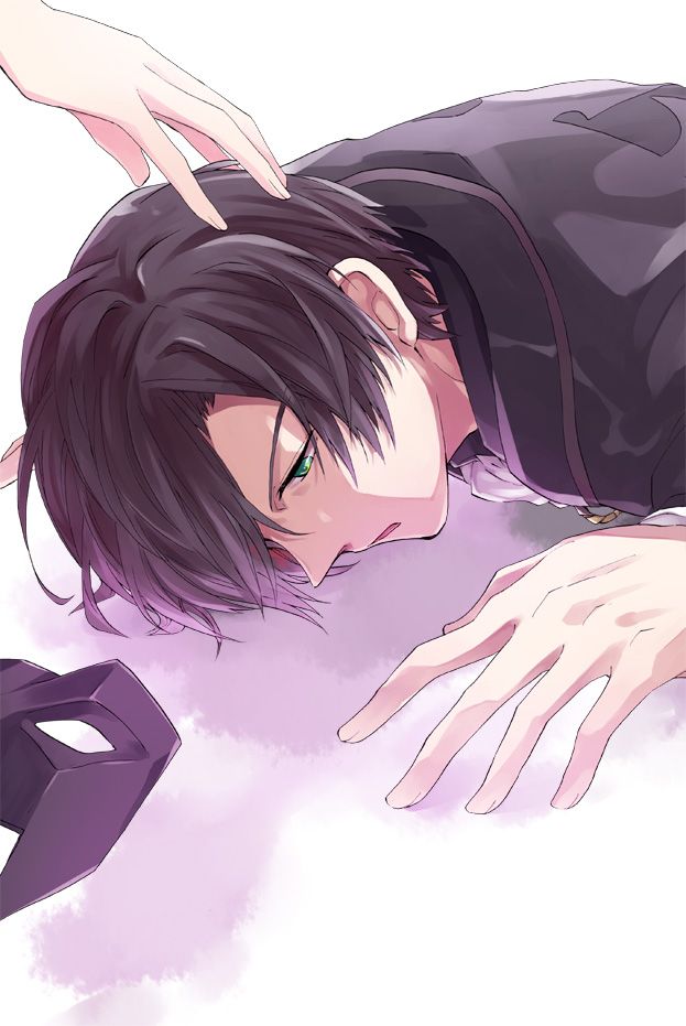 1boy, black_hair, green_eyes, lying, male_focus, mask, solo, tales_of_(series)