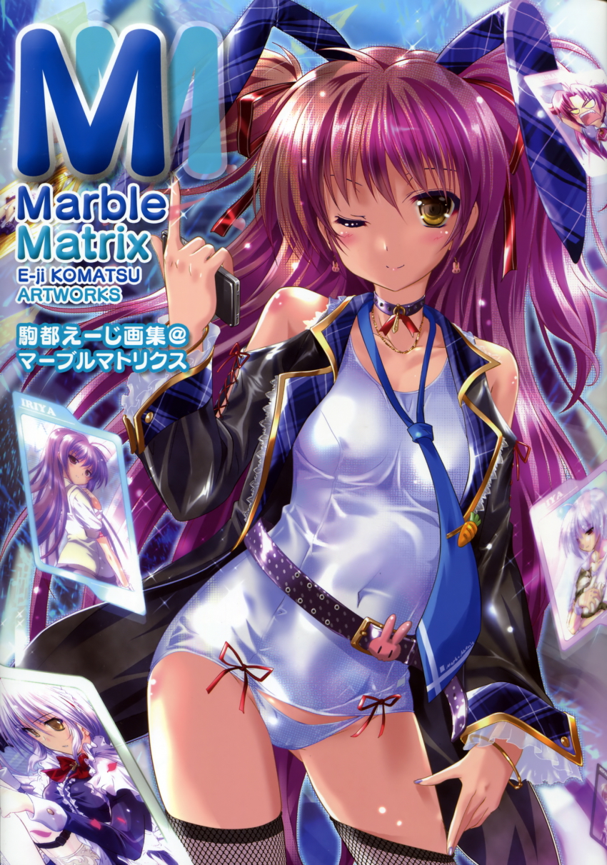 00s, 5girls, ;), animal_ears, black_legwear, blue_nails, blunt_bangs, bracelet