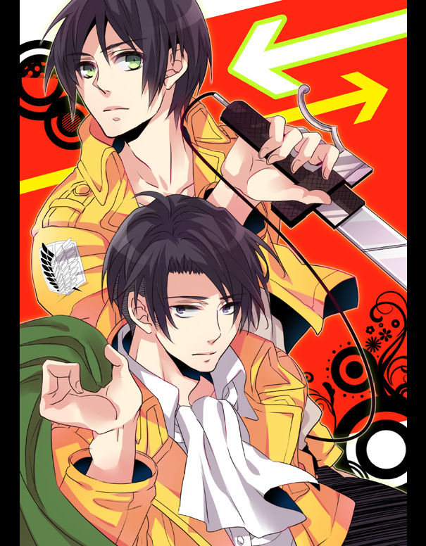 2boys, ascot, bad_id, bad_pixiv_id, black_eyes, black_hair, eren_yeager, green_eyes