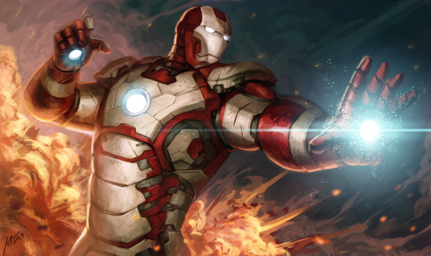 1boy, armor, battle, energy, explosion, fire, firing, iron_man, iron_man_(series), iron_man_3, male_focus, marvel, mecha, power_armor, realistic, robot, science_fiction, smoke, solo, tony_stark