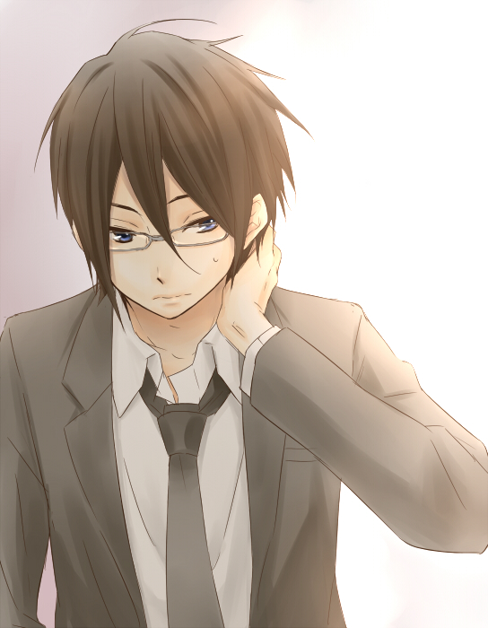 10s, 1boy, blue_eyes, brown_hair, glasses, hyouka, male_focus, necktie