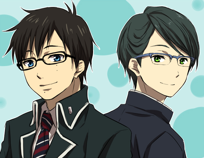 10s, 2boys, ao_no_exorcist, back-to-back, blue_eyes, crossover, fukuyama_jun, glasses