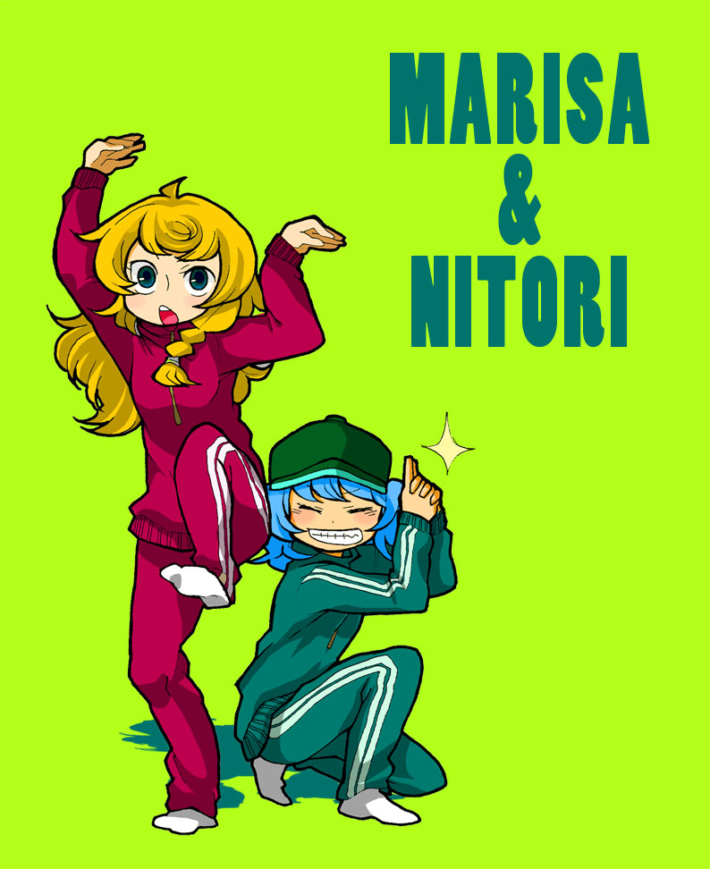 2girls, ahoge, blonde_hair, blue_eyes, blue_hair, blush, braid, character_name