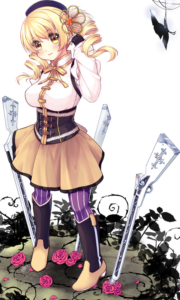 10s, 1girl, adjusting_hair, beret, blonde_hair, boots, breasts, bug, butterfly, corset, drill_hair, female_focus, fingerless_gloves, flower, gloves, gun, hair_ornament, hat, insect, large_breasts, magical_girl, magical_musket_(madoka_magica), mahou_shoujo_madoka_magica, mahou_shoujo_madoka_magica_(anime), pleated_skirt, prinz_luzifer, rose, skirt, smile, solo, standing, striped_clothes, striped_thighhighs, thighhighs, tomoe_mami, tomoe_mami_(magical_girl), vertical-striped_clothes, vertical-striped_thighhighs, weapon, yellow_eyes