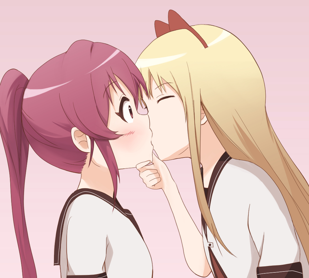 2girls, blonde_hair, blush, bow, closed_eyes, female_focus, grabbing_another's_chin, hair_bow, kiss, long_hair, multiple_girls, ponytail, purple_eyes, purple_hair, school_uniform, serafuku, shizupu, sizuku555_(1704677), sugiura_ayano, surprised, toshinou_kyouko, yuri, yuruyuri