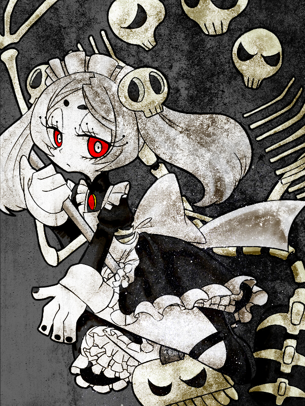 1girl, apron, black_nails, bloody_marie_(skullgirls), bone, bow, eyelashes, female_focus, frills, maid_apron, maid_headdress, mary_janes, mikudrop, nail_polish, nonana, nonana_(mikudrop), red_eyes, shoes, skirt, skull, skullgirls, solo, twintails, vacuum_cleaner, white_hair, white_legwear