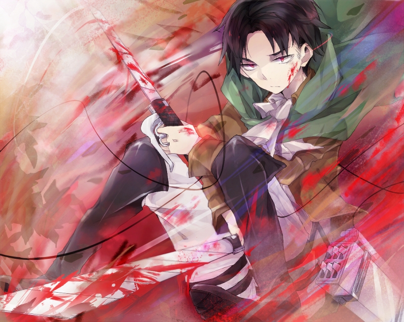 1boy, ascot, bad_id, bad_pixiv_id, black_hair, blood, cape, dual_wielding
