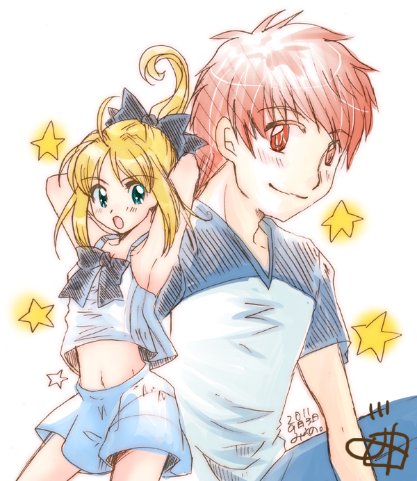 1boy, 1girl, alternate_costume, armpits, artoria_pendragon_(fate), blonde_hair, blue_eyes, blush