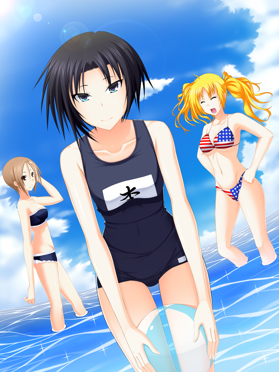 3girls, american_flag, american_flag_bikini, american_flag_print, ball, beachball, bikini, black_hair