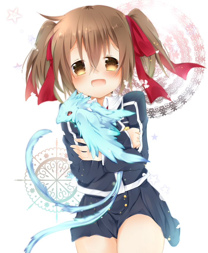 10s, 1girl, :d, bad_id, bad_pixiv_id, brown_hair, dragon, hug
