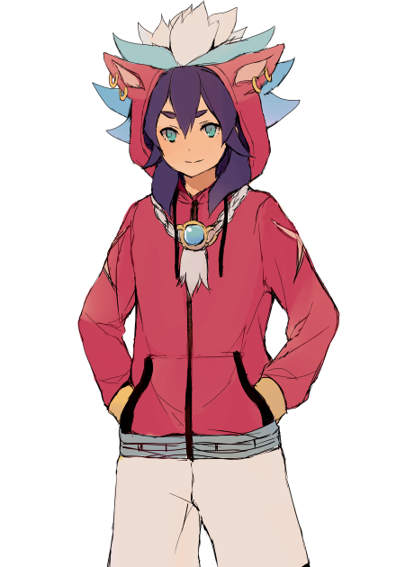 1boy, blue_eyes, earrings, hood, hoodie, inazuma_eleven_(series), inazuma_eleven_go, jewelry, juuou_leon, kishibe_taiga, male_focus, necklace, purple_hair, simple_background, smile, solo, tokio_neo, white_background