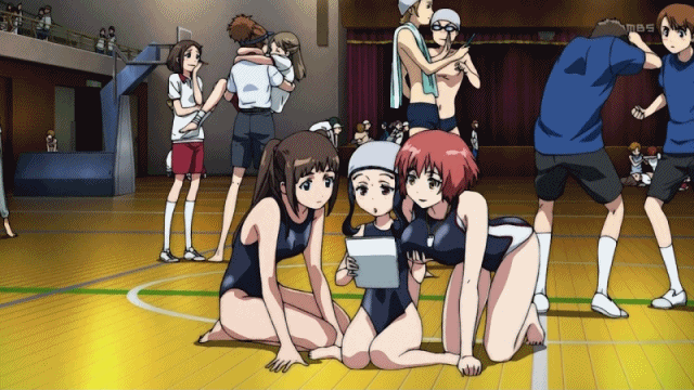 10s, 3girls, animated, animated_gif, barefoot, basketball_court, bouncing_breasts, breast_lift, breasts, brown_hair, competition_swimsuit, grabbing_another's_breast, groping, gym, kakumeiki_valvrave, large_breasts, multiple_boys, multiple_girls, nanami_rion, nobi_marie, one-piece_swimsuit, orange_hair, swim_cap, swimsuit, twintails, whistle, yuri