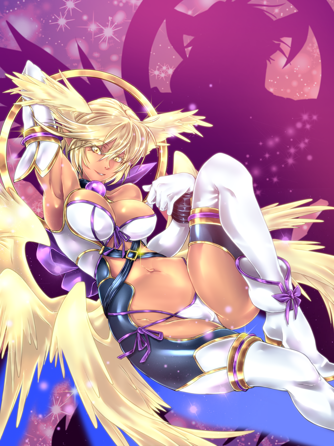 1girl, blonde_hair, breasts, dark_skin, elbow_gloves, gloves, head_wings, lilith_(shinrabanshou)