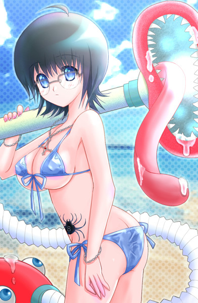 1girl, aoneko_(aonekoyumi), ass, bad_id, bad_pixiv_id, beach, bikini, black_hair, blue_eyes, breasts, butt_crack, day, female_focus, glasses, hunter_x_hunter, jewelry, large_breasts, pendant, saliva, shizuku_murasaki, short_hair, solo, spider_tattoo, swimsuit, tattoo, tongue