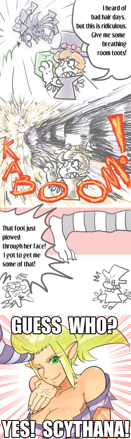 3girls, 4koma, bare_shoulders, breasts, chain, chibi, cleavage, closed_eyes