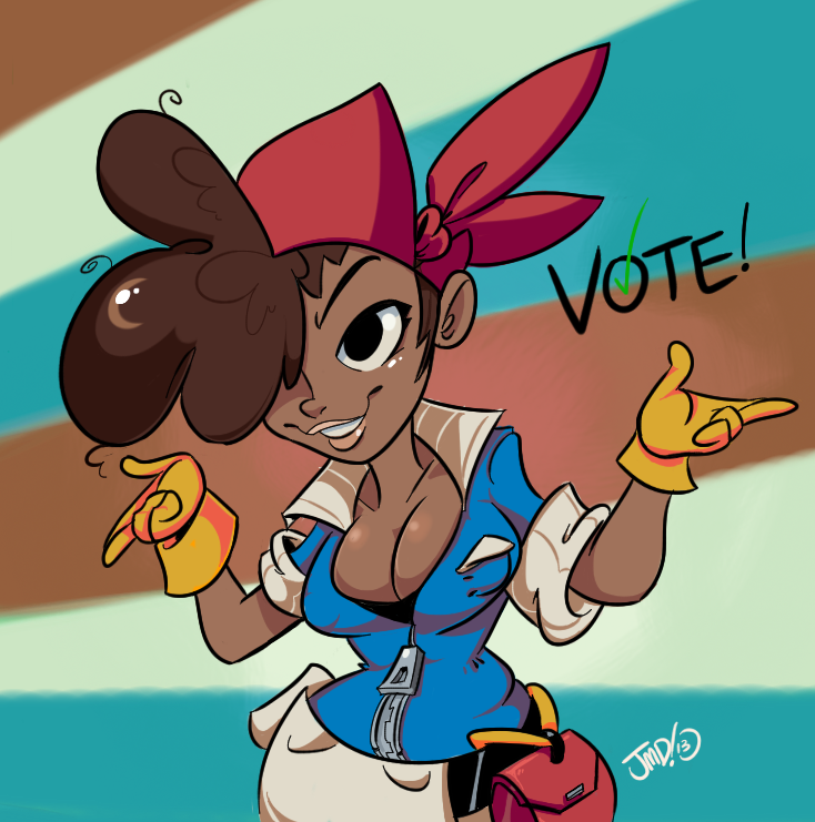 1girl, apron, bad_id, bad_tumblr_id, bandana, belt_pouch, breasts, brown_hair