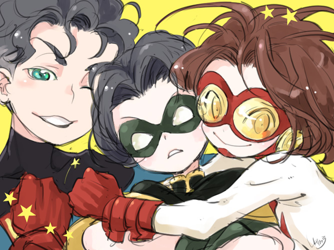 3boys, bart_allen, batman_(series), black_hair, blue_eyes, bodysuit, brown_hair, cape