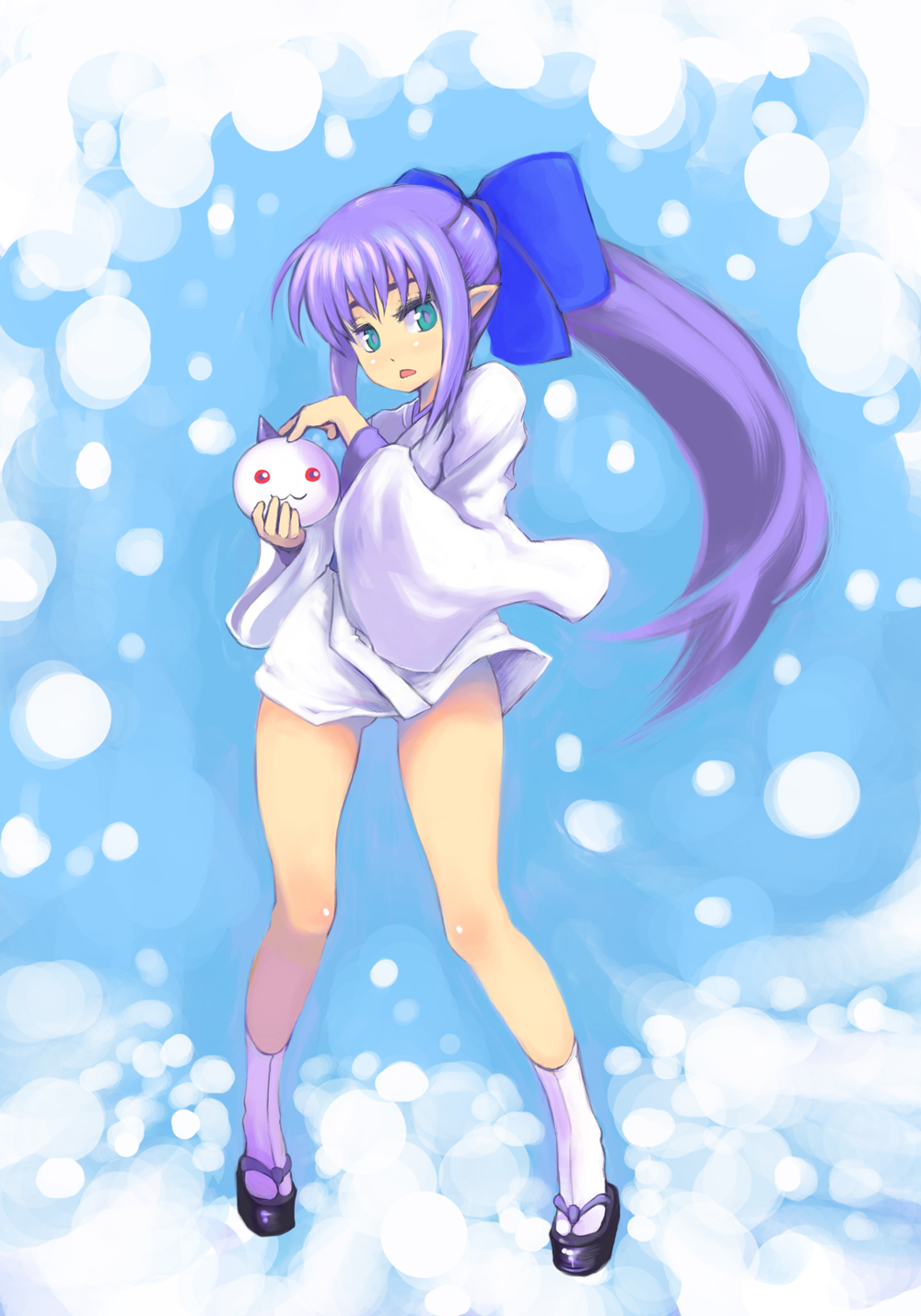 1girl, bow, creature, female_focus, flat_chest, green_eyes, hair_bow, highres