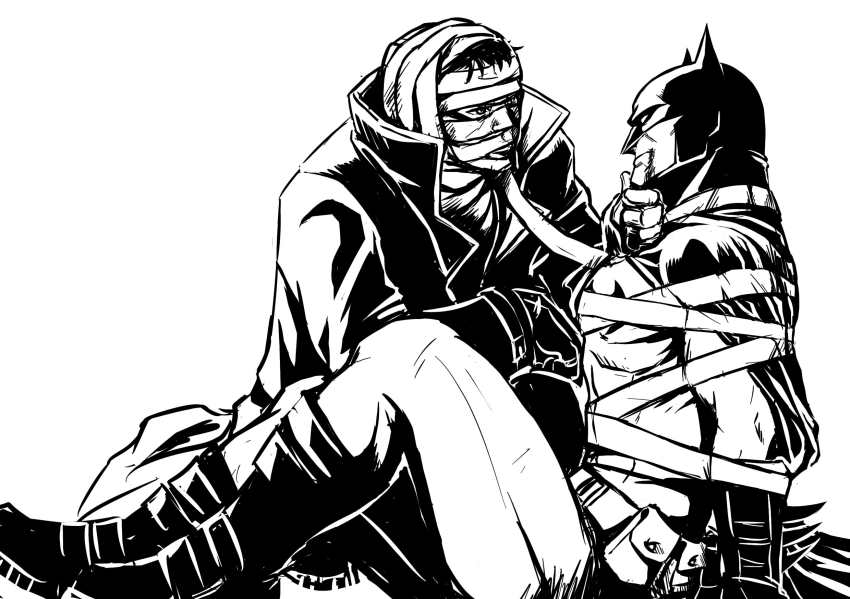 2boys, animal_ears, bandages, batman, batman_(series), bdsm, belt, bondage, boots, bound, bruce_wayne, cape, dc_comics, highres, hush_(dc), jacket, korat, male_focus, mask, monochrome, multiple_boys, sitting