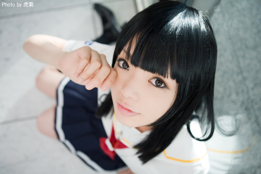 1girl, artist_name, black_hair, blunt_bangs, blurry, breasts, cosplay, depth_of_field