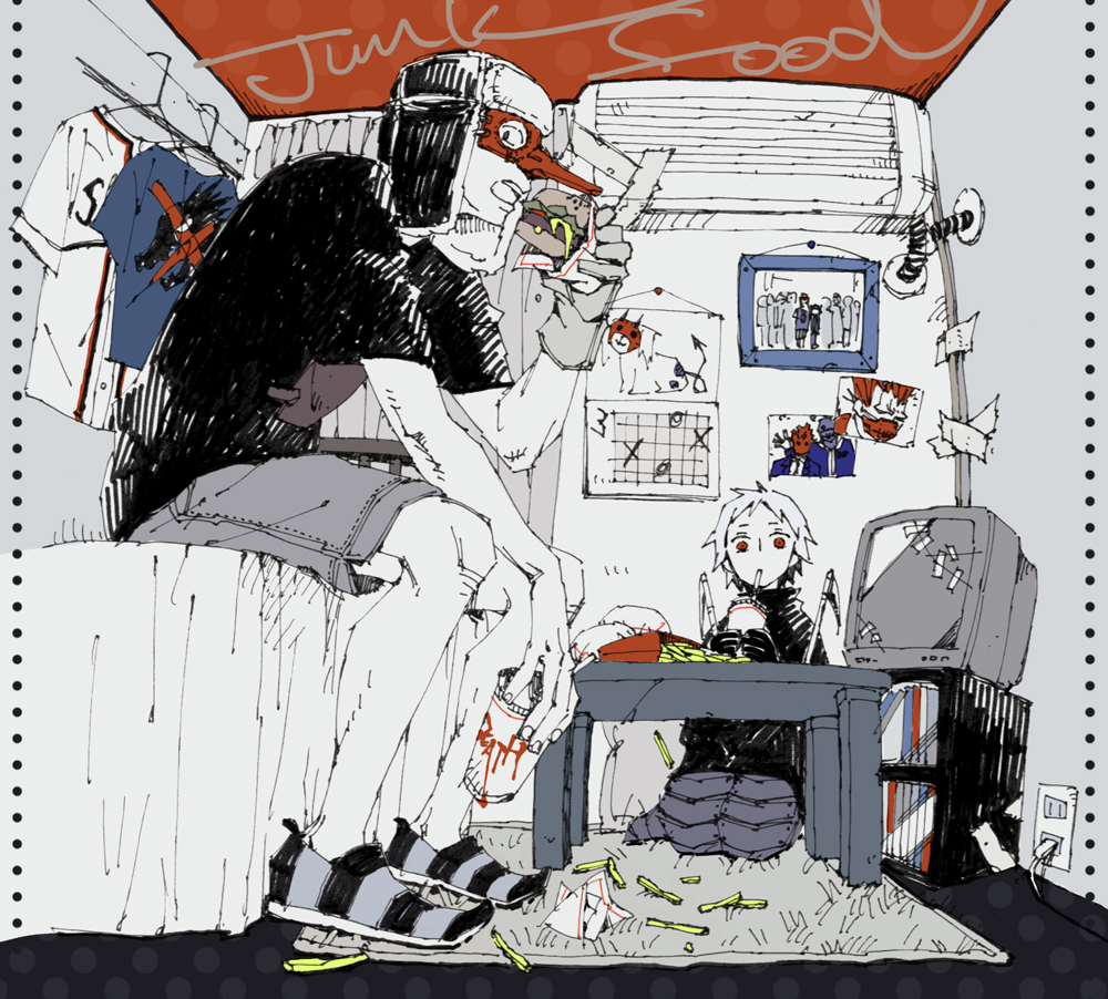 1boy, 1girl, air_conditioner, asahi_(uwa), asasui, bed, book, broken, burger, calendar_(object), crt, dorohedoro, drink, eating, ebisu_(dorohedoro), electrical_outlet, en_(dorohedoro), food, french_fries, fujita_(dorohedoro), gloves, hat, kikurage_(dorohedoro), looking_at_viewer, mask, monochrome, noi_(dorohedoro), open_mouth, photo_(object), pointy_shoes, room, rug, shin_(dorohedoro), shirt, shoes, short_hair, shorts, single_glove, sitting, slice_of_life, spot_color, t-shirt, tape, television