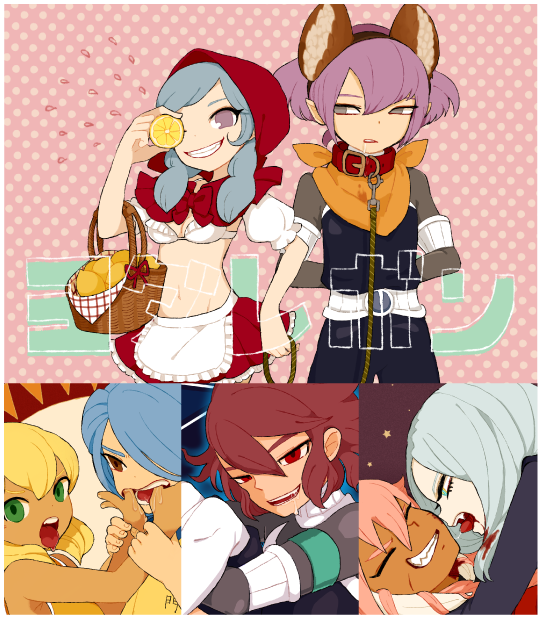 1girl, 6+boys, alpha_(inazuma_eleven), animal_ears, armband, arms_behind_back, bad_id, bad_pixiv_id
