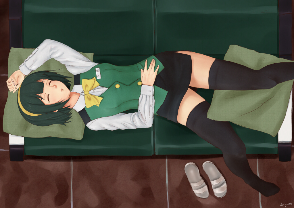 1girl, arm_up, artist_name, black_skirt, black_thighhighs, bow, bowtie, closed_eyes, collared_shirt, couch, cushion, female_focus, fuyube_gin_(huyube), green_hair, green_upholstery, green_vest, hairband, hand_on_own_stomach, idolmaster, idolmaster_(classic), lying, mole, mole_under_mouth, name_tag, on_back, otonashi_kotori, pencil_skirt, shirt, shoes, short_hair, side_slit, signature, skirt, sleeping, solo, thighhighs, unworn_shoes, vest