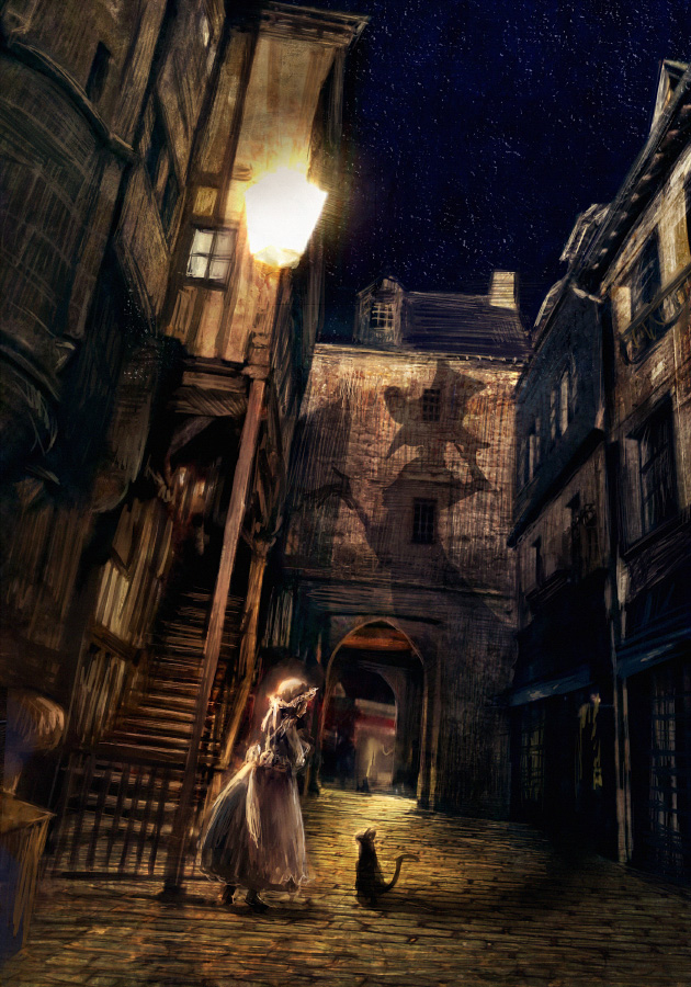 1girl, bad_id, bad_pixiv_id, building, cat, dress, hat, house