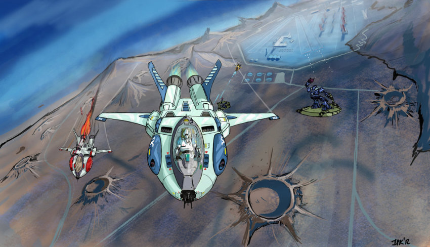 1980s_(style), aircraft, airplane, alien, armor, battle, bioroid, cannon, canopy, choujikuu_kidan_southern_cross, cockpit, crater, damaged, desert, dutch_angle, energy_gun, fire, firing, flying, gun, helmet, jet, mary_angel, mecha, military, military_base, military_uniform, official_style, oldschool, pilot, retro_artstyle, road, robot, science_fiction, signature, southern_cross, spacecraft, starfighter, tasc, tasc-01-scf_logan, tasc-02-scf_logan, vehicle_focus, weapon, zor