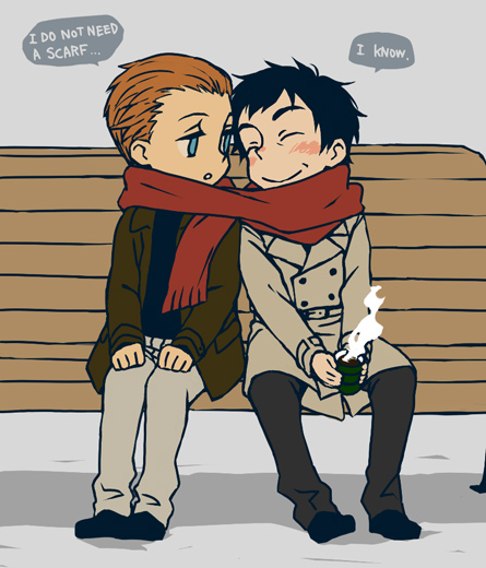 2boys, android, bench, black_hair, blue_eyes, blush, brown_hair, coat