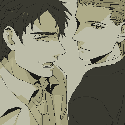 2boys, android, coat, elijah_baley, kurosuke_(nora), lowres, male_focus, monochrome