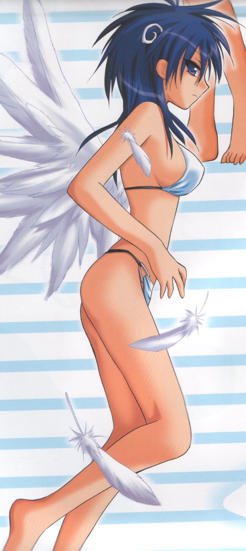 00s, 1girl, bikini, blue_hair, breasts, broccoli_(company), feathers, female_focus