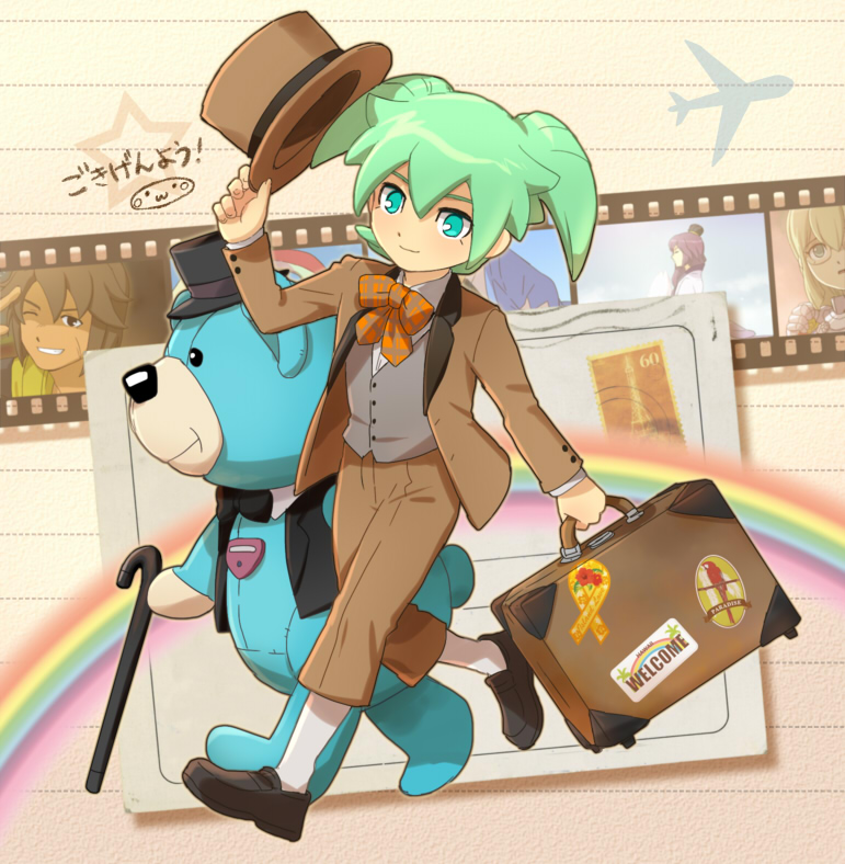 2boys, aircraft, airplane, bad_id, bad_pixiv_id, bird, cane, fei_rune, formal_clothes, glasses, green_eyes, green_hair, hat, inazuma_eleven_(series), inazuma_eleven_go, inazuma_eleven_go_chrono_stone, jeanne_d'arc_(inazuma_eleven), kinoshita_toukichirou, kinoshita_toukichirou_(inazuma_eleven), macaw, male_focus, mizuhara_aki, multiple_boys, no_pupils, one_eye_closed, parrot, rainbow, suit, suitcase, top_hat, vest, wink, wonderbat, zhuge_kongming_(inazuma_eleven)