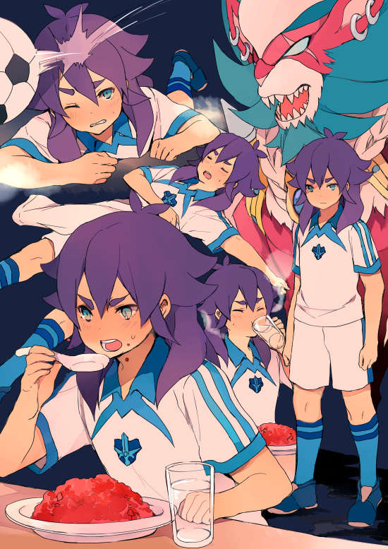 1boy, bad_id, bad_pixiv_id, ball, blue_eyes, blush, earrings, eating, closed_eyes, food, inazuma_eleven_(game), inazuma_eleven_(series), inazuma_eleven_go, inazuma_eleven_go_strikers_2013, jewelry, juuou_leon, kakumei_senbatsu, keshin_(inazuma_eleven), kishibe_taiga, level-5, lying, no_pupils, on_back, open_mouth, purple_hair, scar, sharp_teeth, soccer_ball, standing, teeth, telstar, tokio_neo, wince