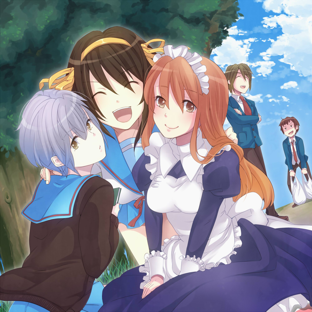 2boys, 3girls, asahina_mikuru, bad_id, bad_pixiv_id, brown_eyes, brown_hair, closed_eyes