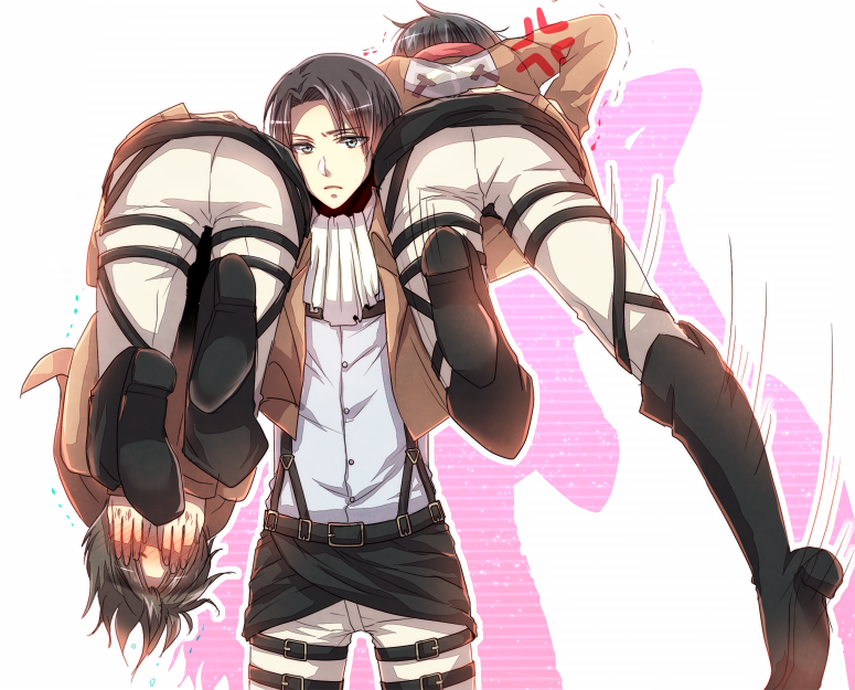 1girl, 2boys, anger_vein, ascot, ass, bad_id, bad_pixiv_id, belt, black_hair, boots, carrying, carrying_multiple_people, carrying_over_shoulder, carrying_person, covering_own_eyes, eren_yeager, jacket, levi_(shingeki_no_kyojin), mikasa_ackerman, multiple_boys, person_over_shoulder, rirumu, shingeki_no_kyojin, short_hair, thigh_strap, three-dimensional_maneuver_gear