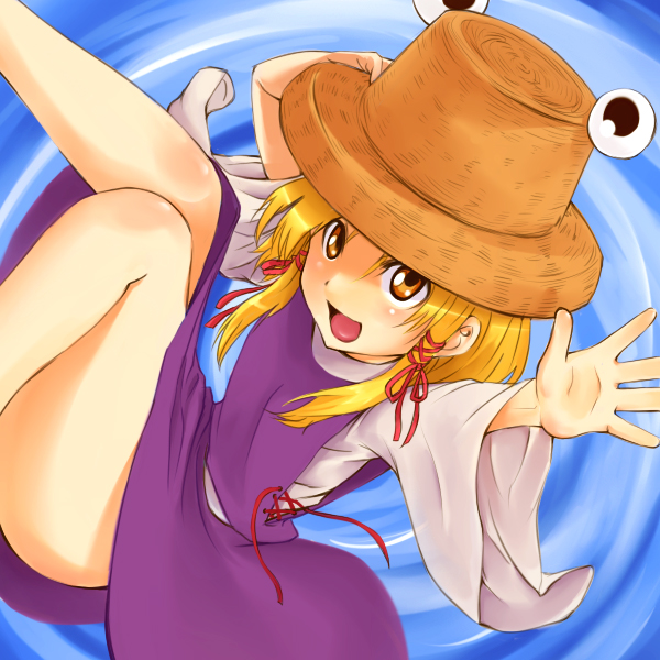 1girl, blonde_hair, female_focus, hair_ornament, hat, mori_ranmaru_(sengoku_musou), moriya_suwako, outstretched_hand