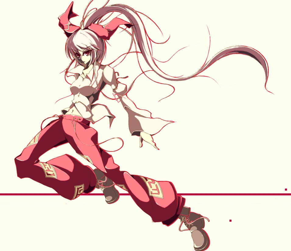 1girl, bad_id, bad_pixiv_id, female_focus, fujiwara_no_mokou, hair_ribbon, long_hair, navel