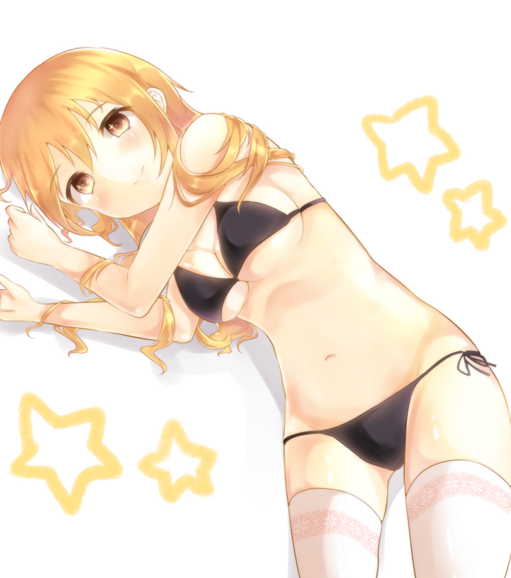 +_+, 1girl, bad_id, bad_pixiv_id, bikini, black_bikini, blonde_hair, female_focus, long_hair, looking_at_viewer, lying, on_side, sakuramocchi, shokuhou_misaki, side-tie_bikini_bottom, smile, solo, star_(symbol), string_bikini, swimsuit, thighhighs, toaru_kagaku_no_railgun, toaru_majutsu_no_index, white_background, white_thighhighs, yellow_eyes