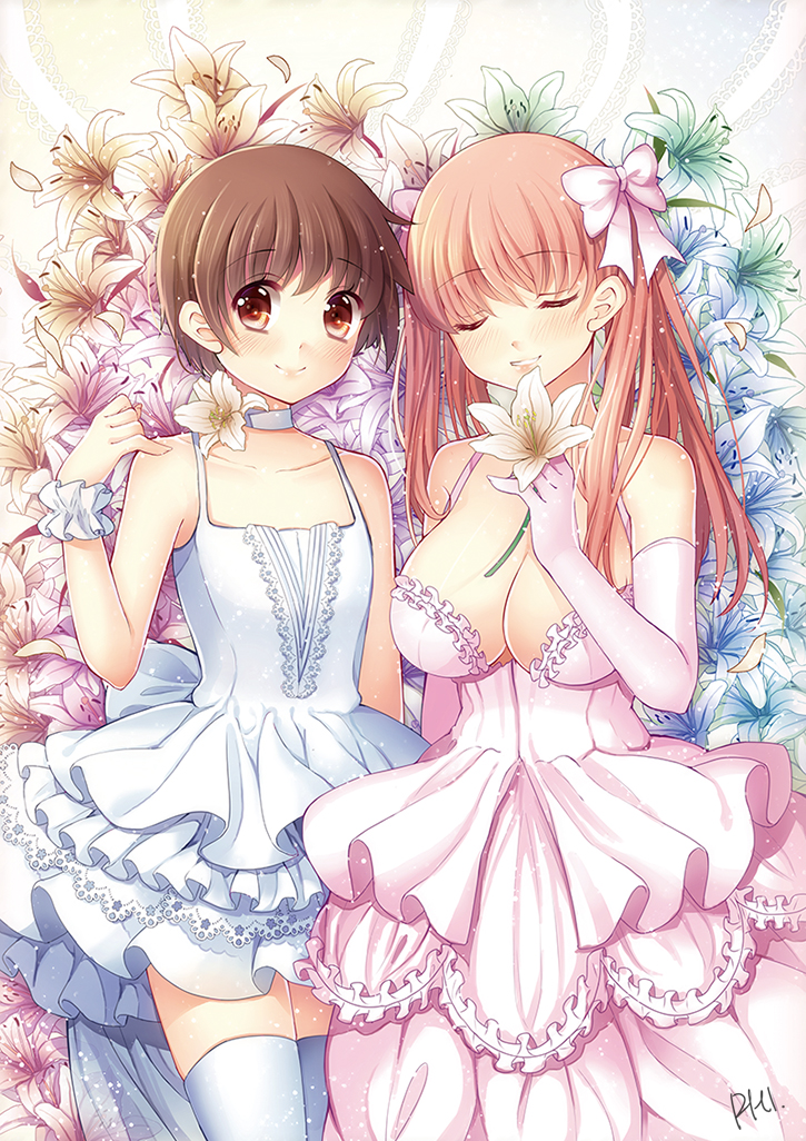 2girls, armband, bell_line_gown, blush, breasts, choker, closed_eyes, dress