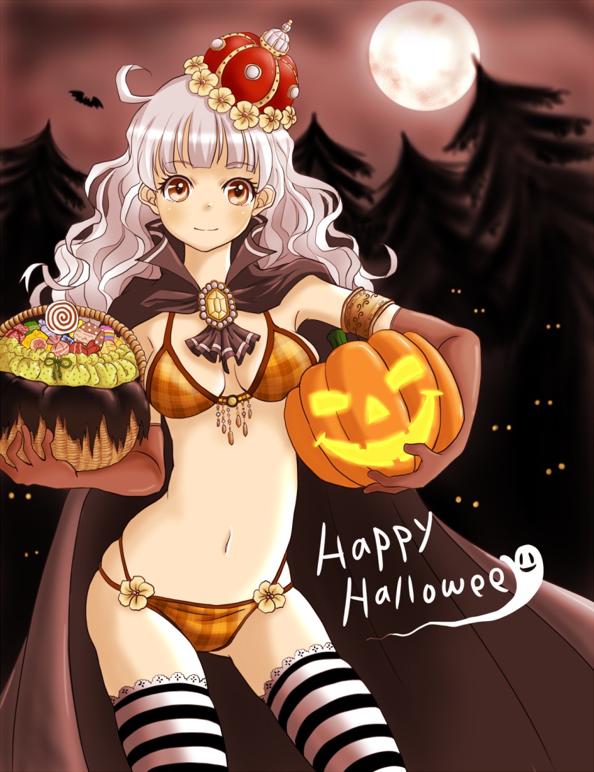 1girl, bad_id, bad_pixiv_id, basket, bat_(animal), bikini, bonba, breasts, brown_eyes, candy, cape, crown, curly_hair, exeb., female_focus, food, full_moon, ghost, halloween, highres, jack-o'-lantern, lollipop, long_hair, moon, navel, night, orange_bikini, original, plaid_bikini, plaid_clothes, pumpkin, red_crown, silver_hair, smile, solo, striped_clothes, striped_thighhighs, swimsuit, thighhighs, tree