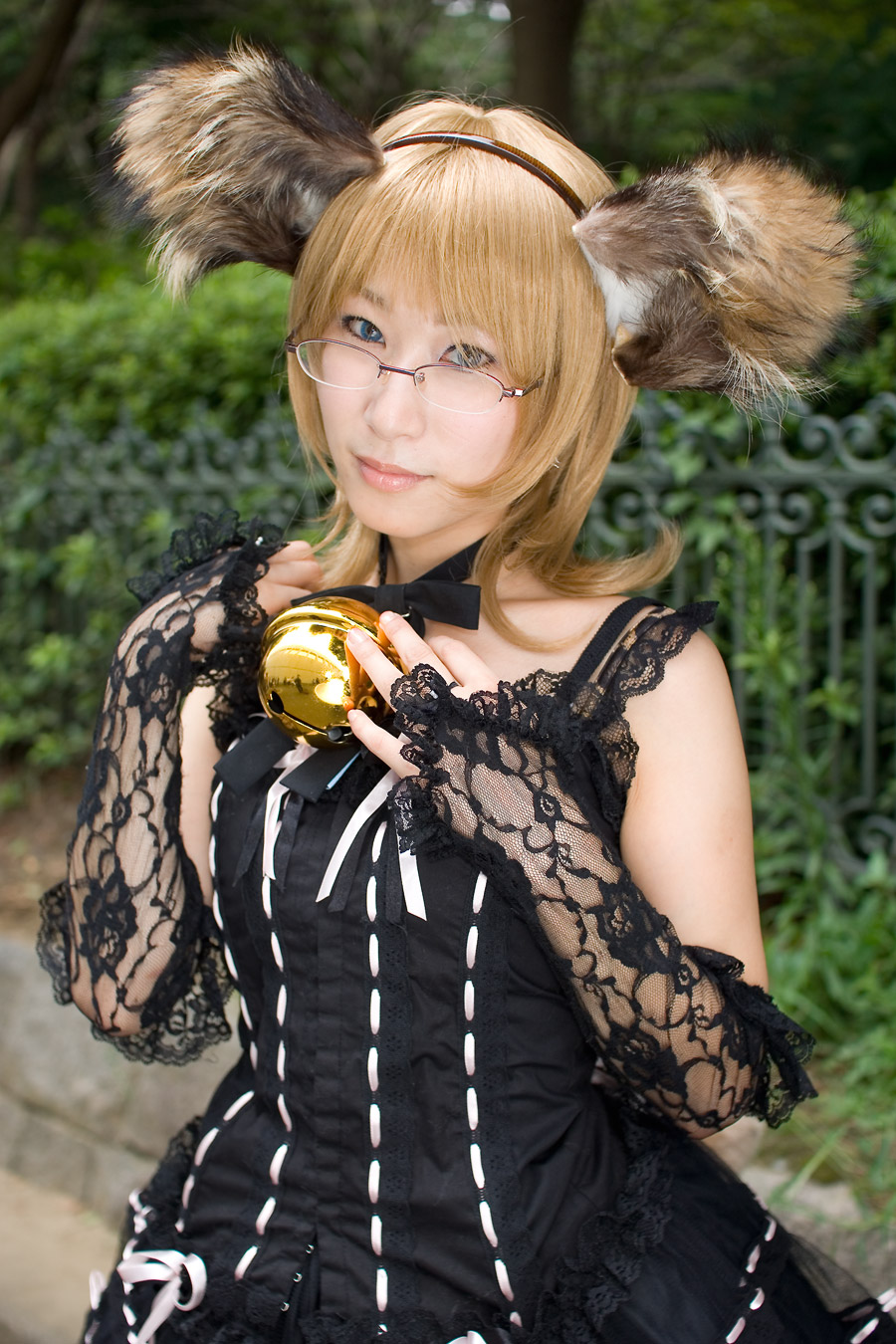 animal_ears, bell, blonde_hair, cosplay, dog_ears, dress, glasses, highres