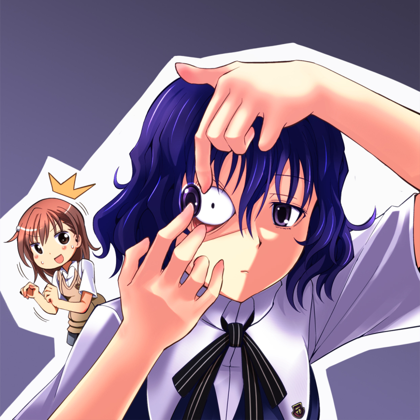 2girls, :d, ^^^, black_hair, brown_eyes, brown_hair, buttexi-onndouru, constricted_pupils, contact_lens, highres, kyukyutto_(denryoku_hatsuden), misaka_mikoto, mismatched_irises, multiple_girls, nunotaba_shinobu, open_mouth, putting_in_contact_lens, school_uniform, smile, toaru_kagaku_no_railgun, toaru_kagaku_no_railgun_s, toaru_majutsu_no_index