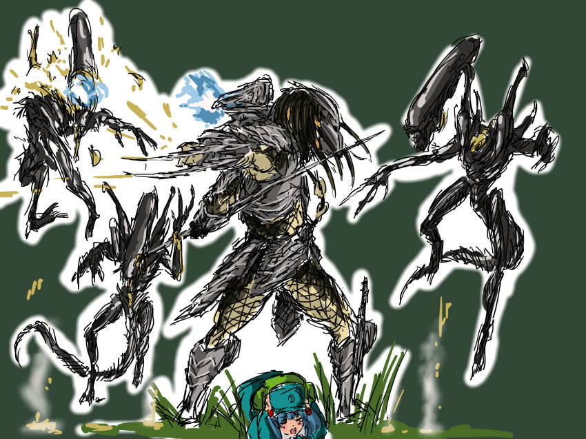 1girl, alien, alien_(1979), alien_(series), alien_vs._predator, armor, blue_hair, combistick