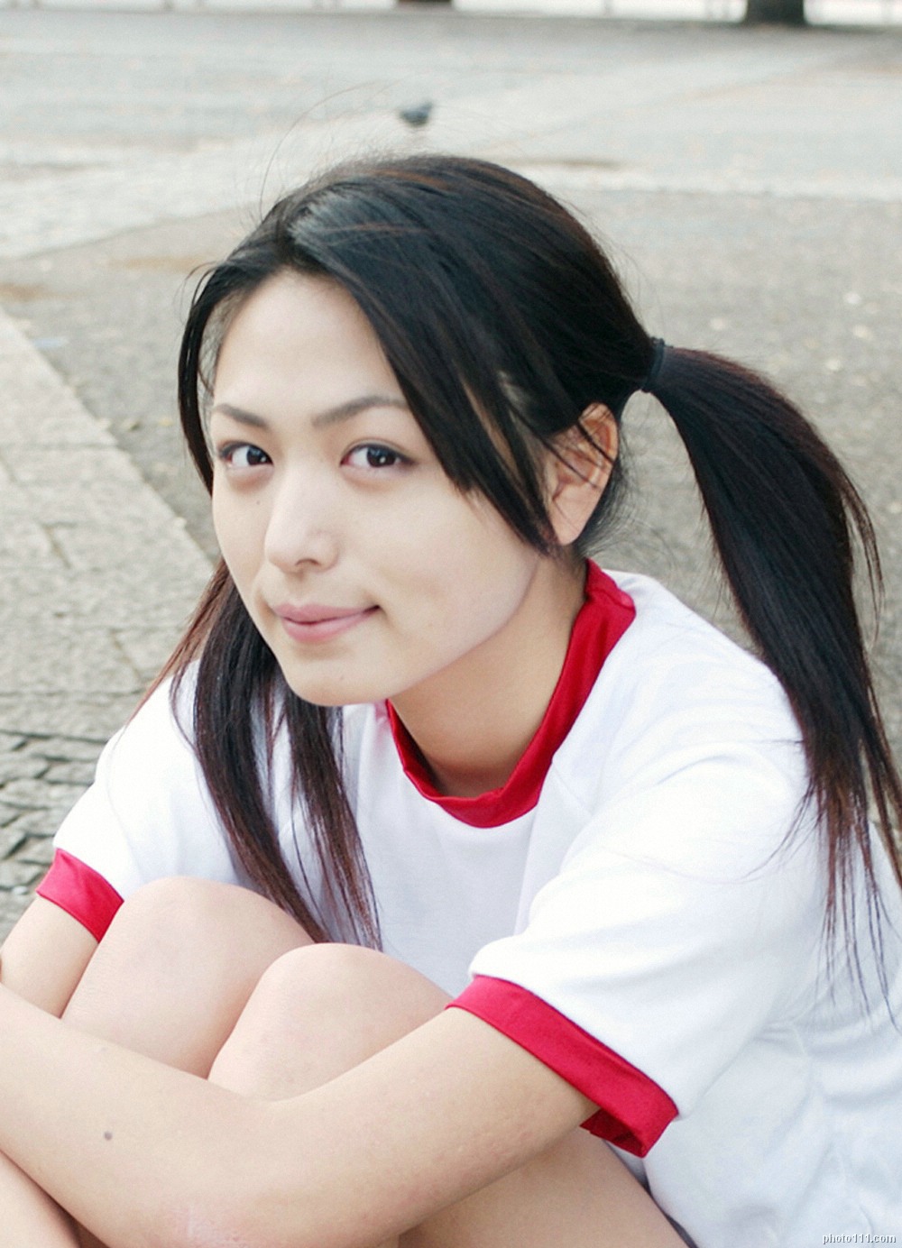 1girl, black_hair, breasts, cosplay, east_asian, female_focus, gym_uniform, highres