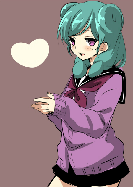 1girl, bad_id, bad_pixiv_id, beta_(inazuma_eleven), blush, female_focus, green_hair, heart