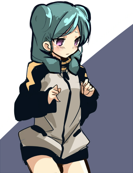 1girl, bad_id, bad_pixiv_id, beta_(inazuma_eleven), blush, female_focus, green_hair, inazuma_eleven_(series), inazuma_eleven_go, inazuma_eleven_go_chrono_stone, izumi39, jacket, no_pupils, purple_eyes, raimon, simple_background, sketch, solo, track_jacket