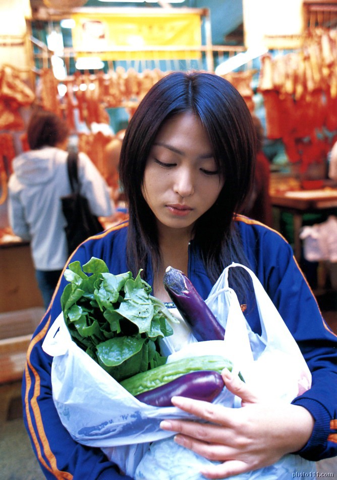 1girl, bag, cucumber, dutch_angle, east_asian, eggplant, food, groceries, grocery_bag, kawamura_yuki, lettuce, long_hair, market, meat, photo_(medium), plastic_bag, shopping_bag, solo_focus, tagme, vegetable, warm-up_jacket