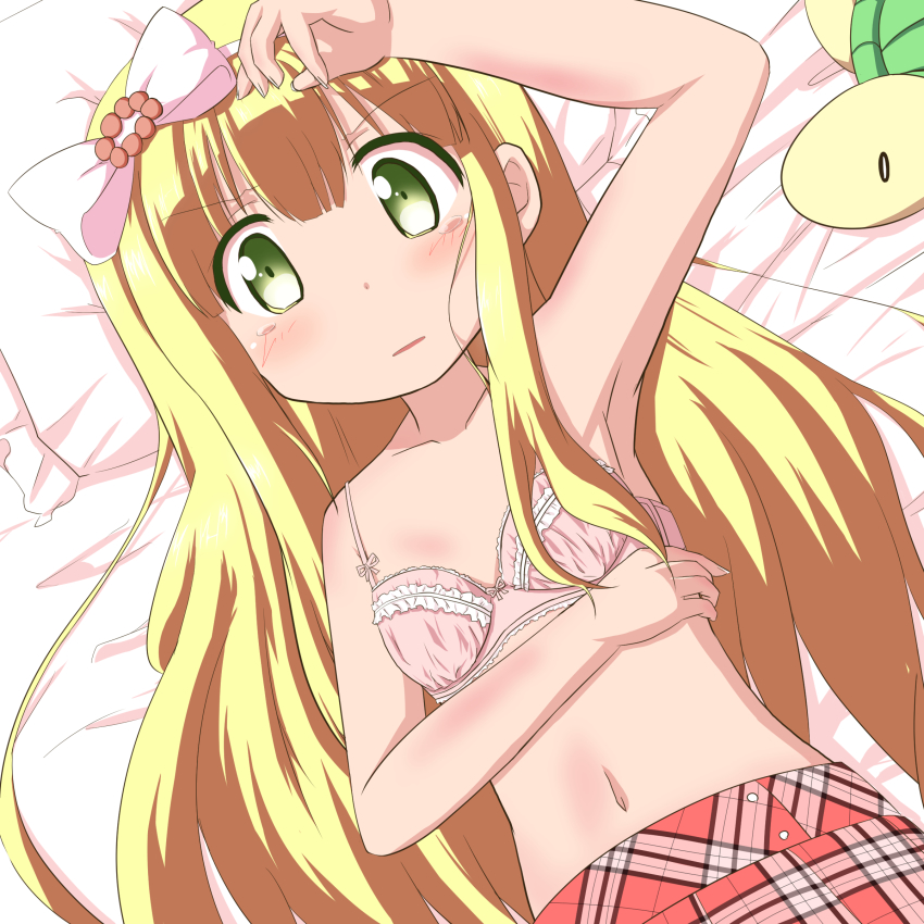 10s, 1girl, absurdres, armpits, azuki_azusa, blush, bow, bra, collarbone, female_focus, flat_chest, gobaku_arashi, green_eyes, hair_bow, hairband, hentai_ouji_to_warawanai_neko., highres, long_hair, lying, navel, pillow, solo, stuffed_animal, stuffed_toy, tears, training_bra, underwear, very_long_hair
